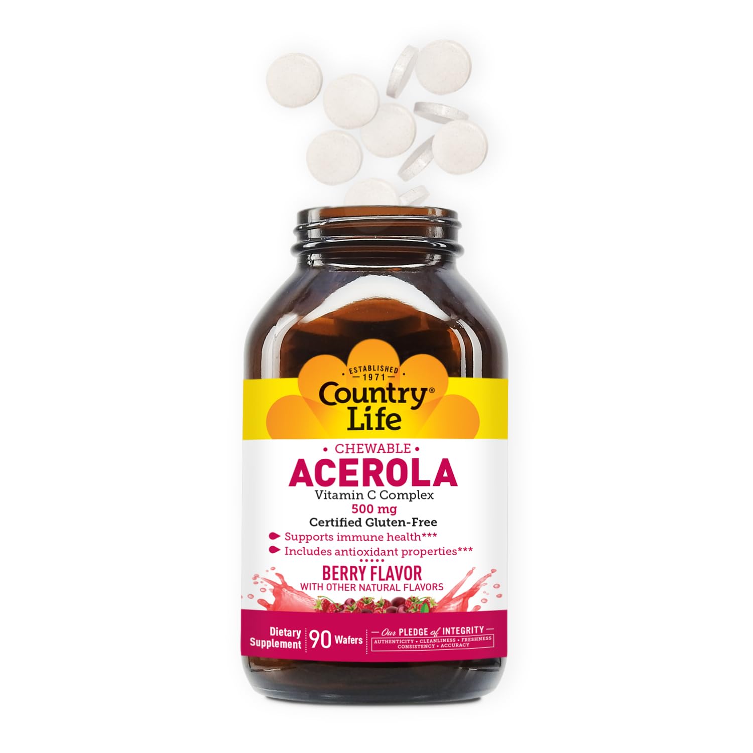 Country Life Acerola Vitamin C Complex – 500 mg Berry Chewables, 90 Wafers, GFCO & AVA