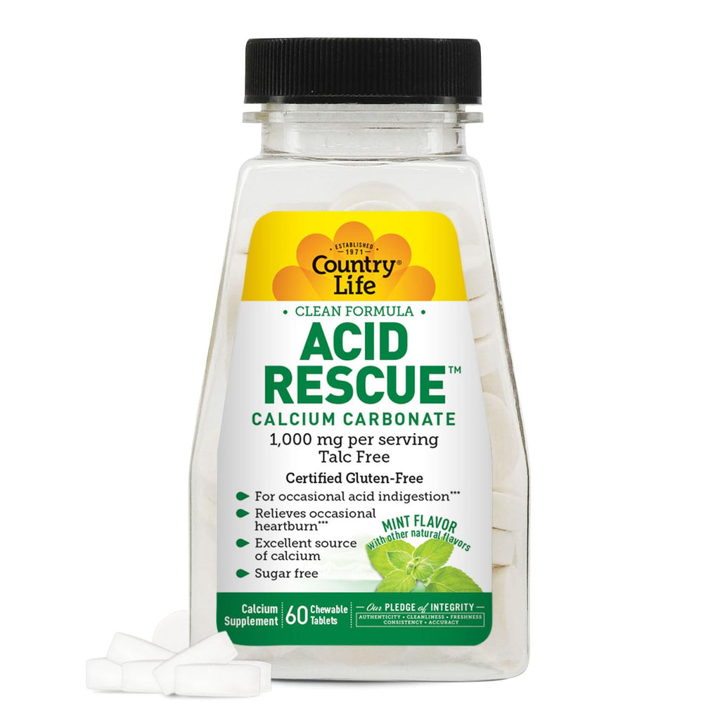 Country Life Acid Rescue Chewable Tablets – Vegan, Gluten-Free Heartburn Relief with 400mg Calcium & Magnesium | Mint Flavor