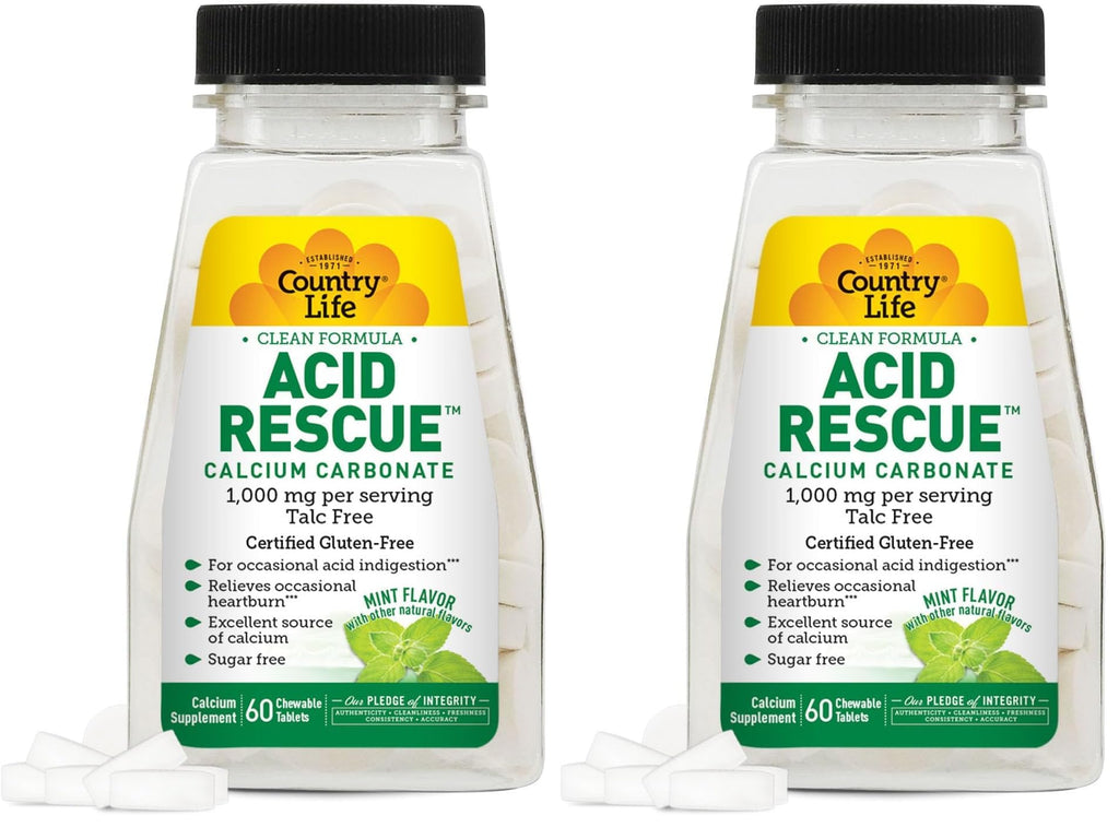 Country Life Acid Rescue Chewable Tablets – Certified Vegan & Gluten-Free Heartburn Relief, 400mg Calcium & Magnesium