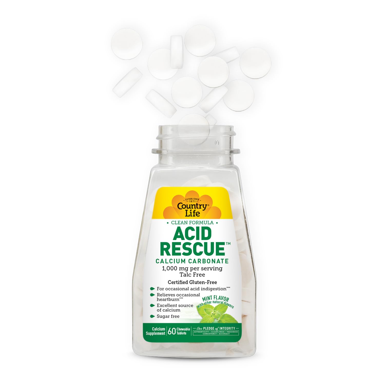 Country Life Acid Rescue Chewable Tablets – Vegan, Gluten-Free Heartburn Relief with 400mg Calcium & Magnesium | Mint Flavor