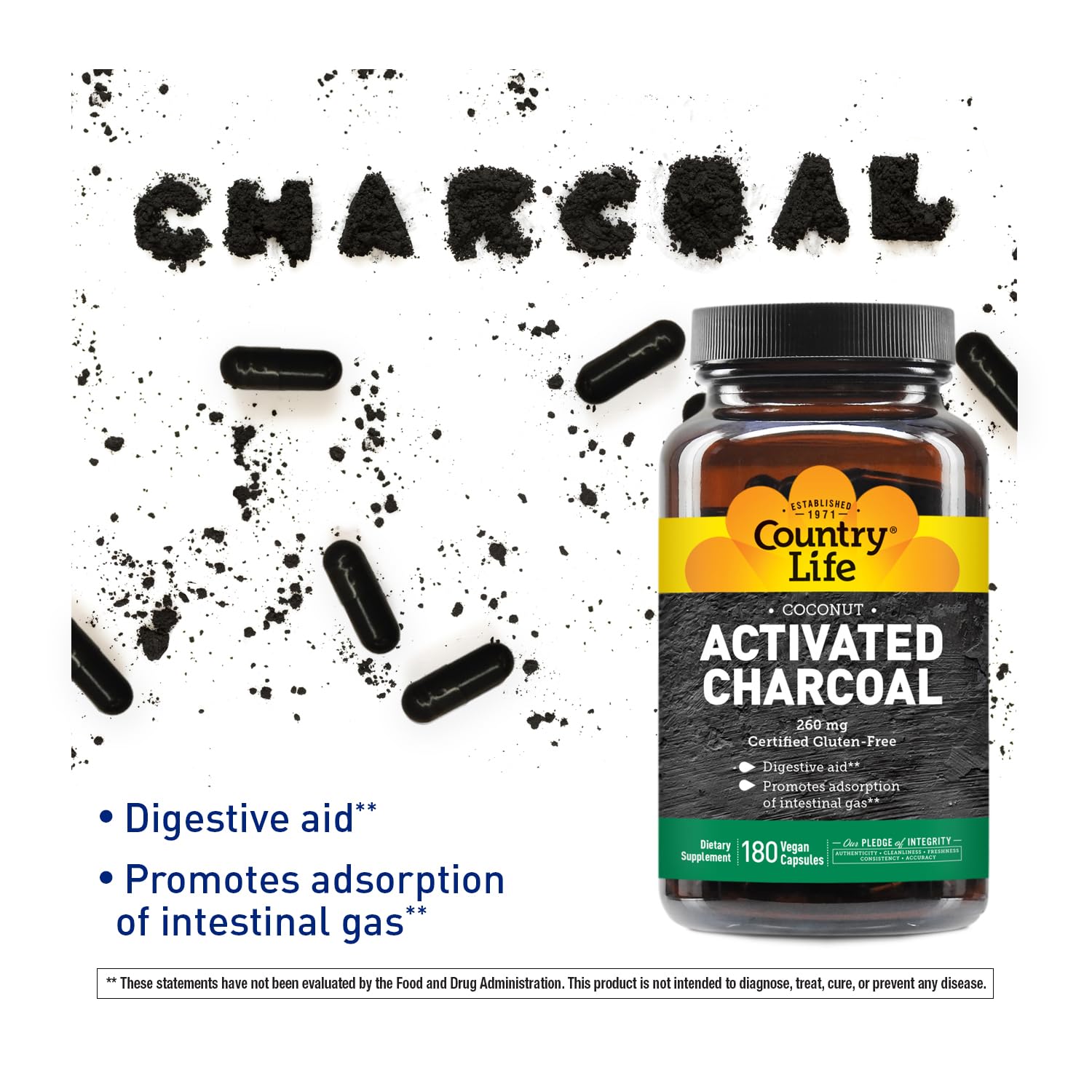 Country Life Activated Organic Coconut Charcoal Capsules, 260mg – Natural Charcoal Supplement for Gas and Bloating Relief, Gluten-Free, 180 Vegan Capsules