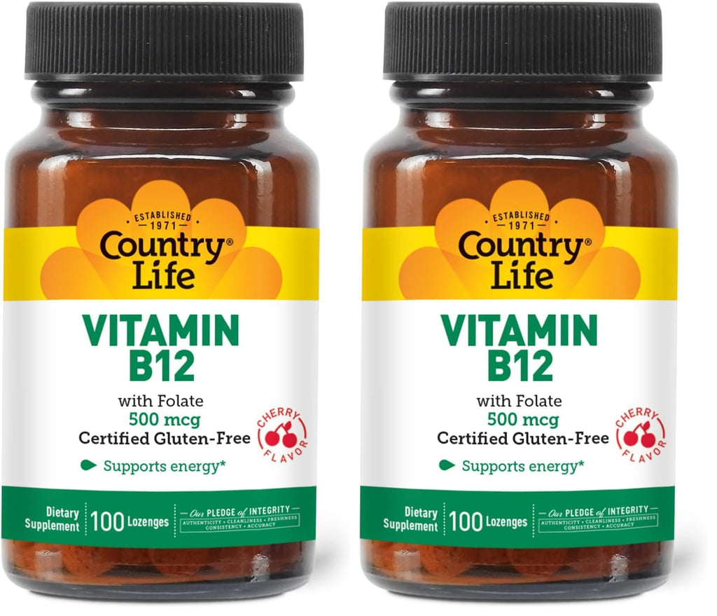 Country Life Vitamin B12 with Folate 500mcg – 100 Lozenges | Gluten Free, Vegan, Halal (Pack of 2)