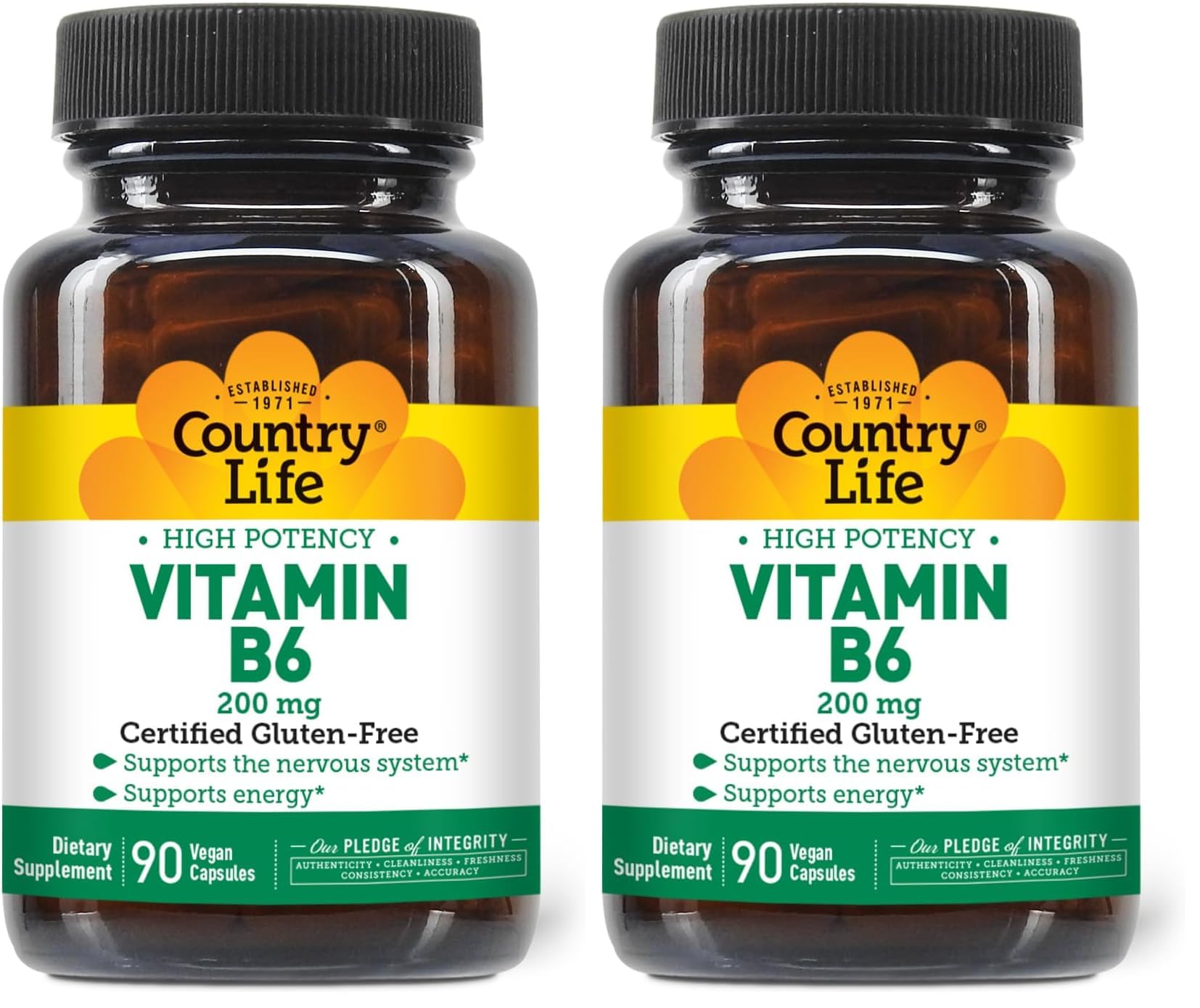 Country Life Vitamin B-6 200 mg High Potency – 90 Vegan Capsules (Pack of 2) | Gluten Free, Vegan, Halal