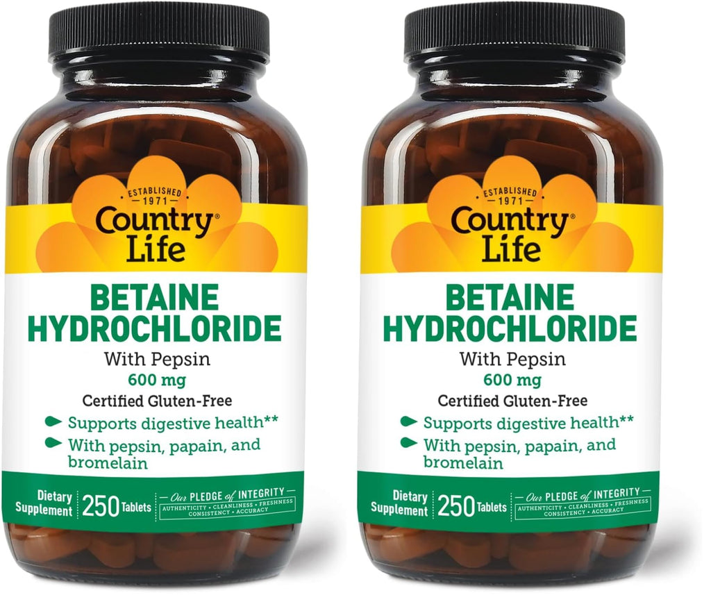 Country Life Betaine HCl with Pepsin 600 mg - 250 Tablets (Pack of 2)