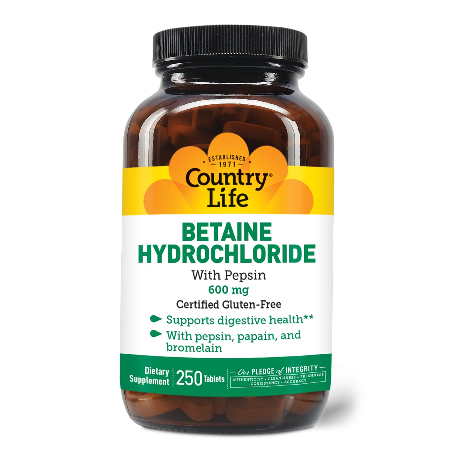 Country Life Betaine HCl with Pepsin 600 mg – 250 Tablets | Digestive Support