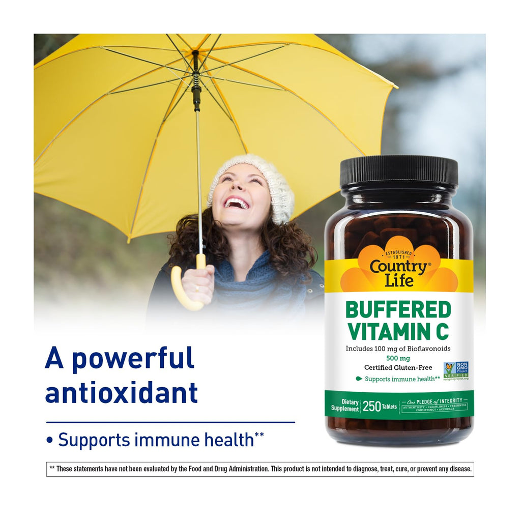 Country Life Vitamin C Buffered with Bioflavonoids - 500mg, 250 Tablets | Gluten Free & Vegan