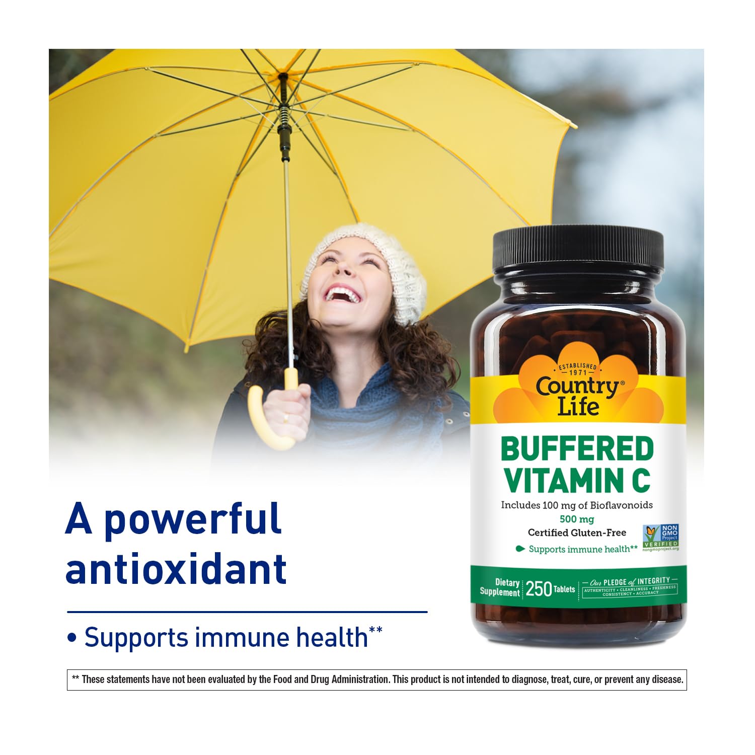 Country Life Vitamin C Buffered with Bioflavonoids - 500mg, 250 Tablets | Gluten Free & Vegan