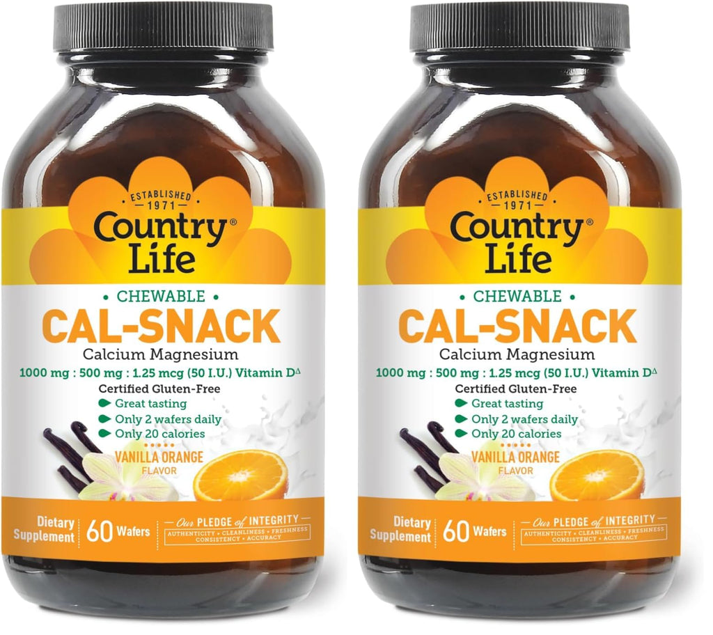 Country Life Cal-Snack – Chewable Calcium Magnesium + Vitamin D (Dairy-Free, Vegan, Gluten-Free) – Vanilla Orange – Pack of 2