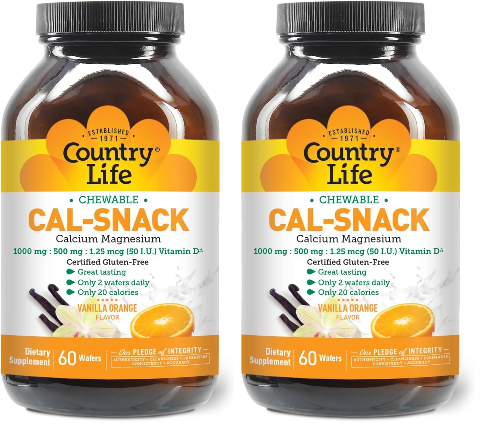 Country Life Cal-Snack – Chewable Calcium Magnesium + Vitamin D (Dairy-Free, Vegan, Gluten-Free) – Vanilla Orange – Pack of 2