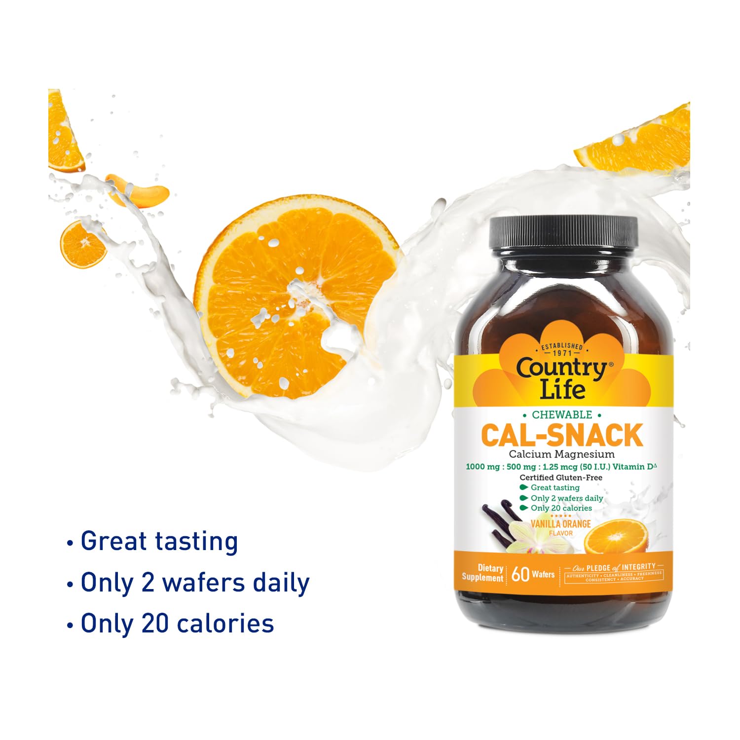 Country Life Cal-Snack – Chewable Calcium Magnesium + Vitamin D (Dairy-Free, Vegan, Gluten-Free) – Vanilla Orange – Pack of 2