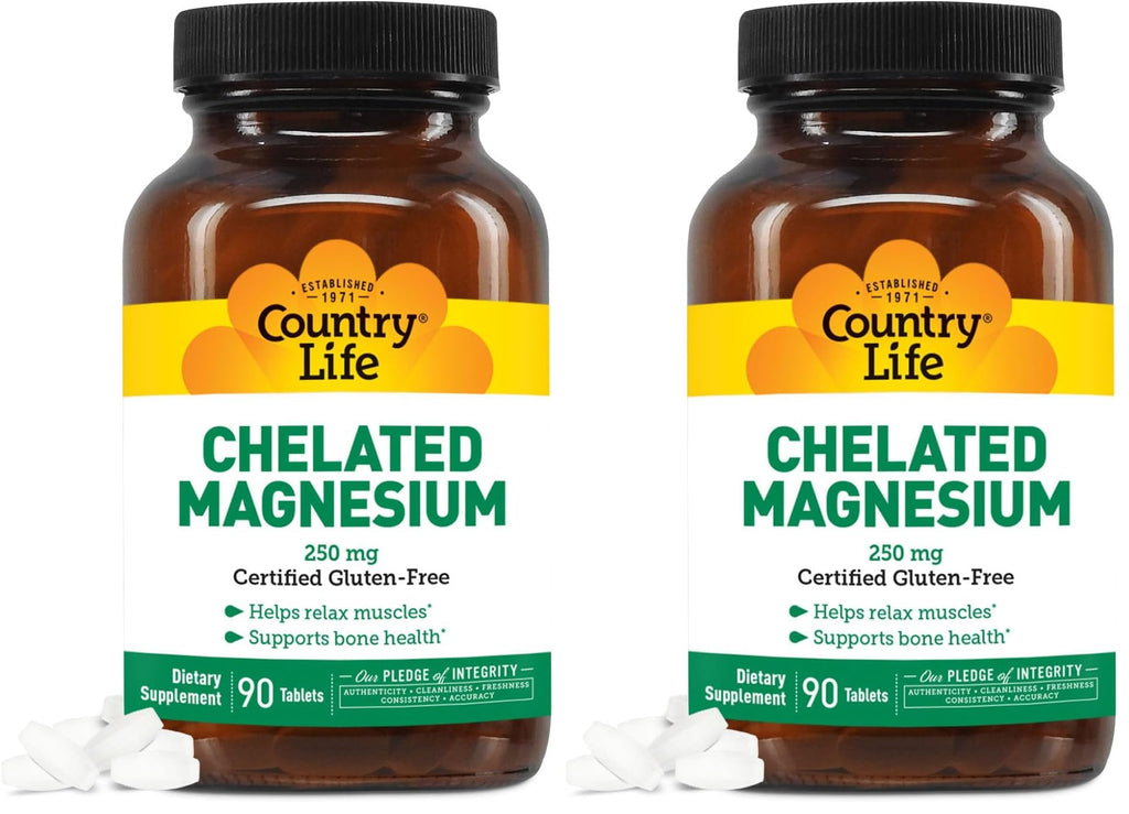 Country Life Chelated Magnesium 250mg – Supports Bone & Immune Health | 90 ct Pack of 2
