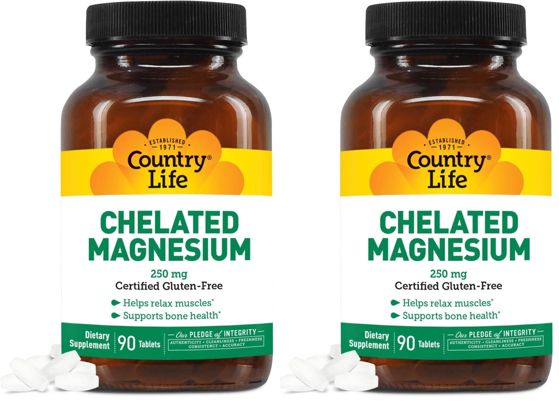 Country Life Chelated Magnesium 250mg – Supports Bone & Immune Health | 90 ct Pack of 2