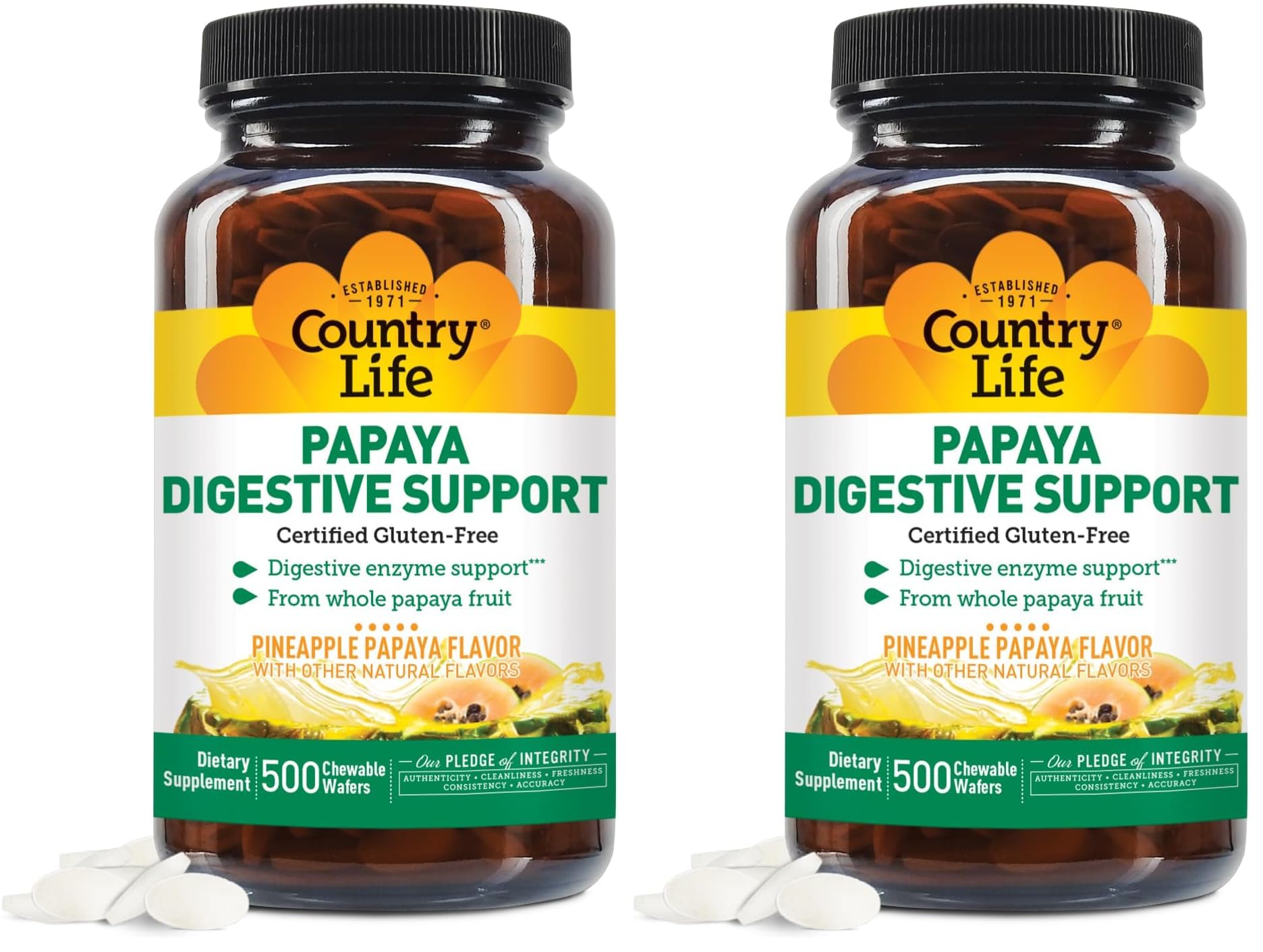 Country Life Chewable Papaya Enzymes for Digestion – Pineapple & Papaya Flavor | 200 & 500 Wafers