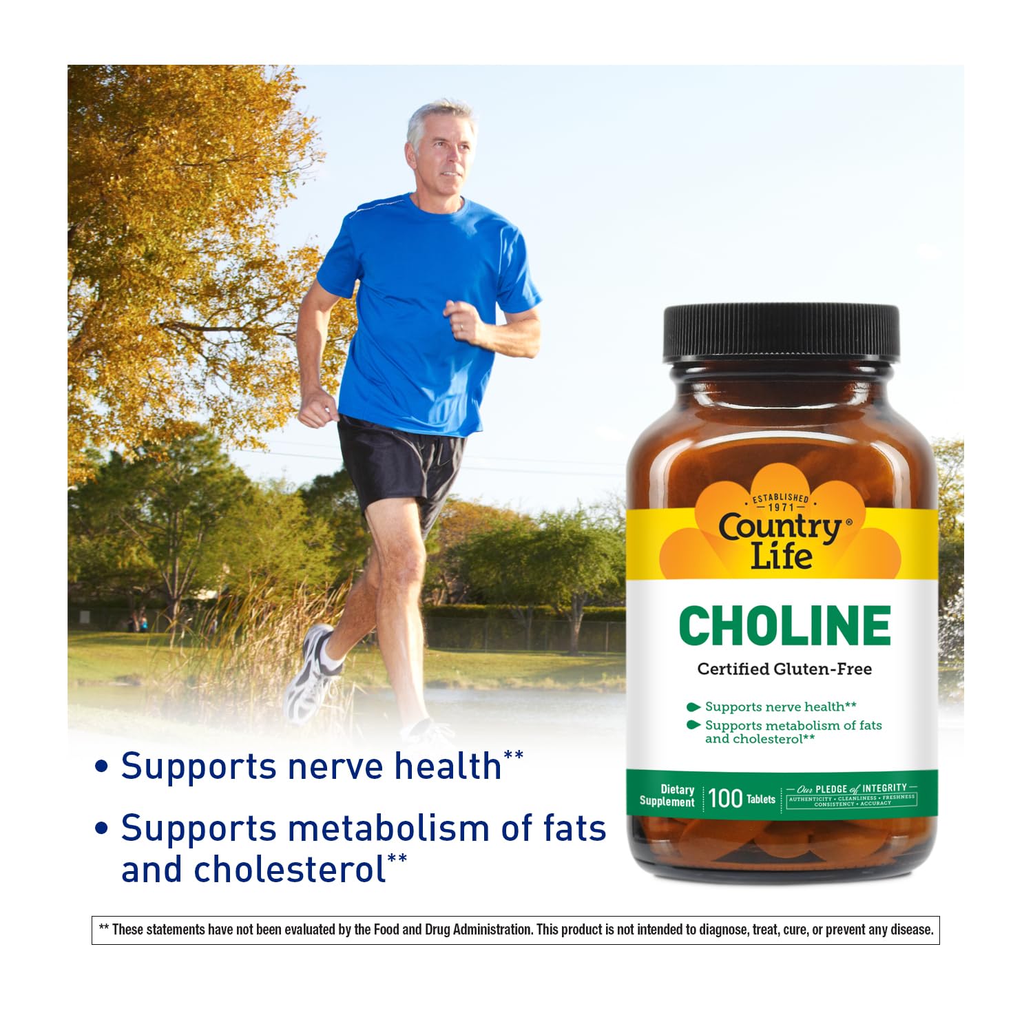 Country Life Choline 266mg - Gluten Free, Vegan, Halal - 100 Tablets