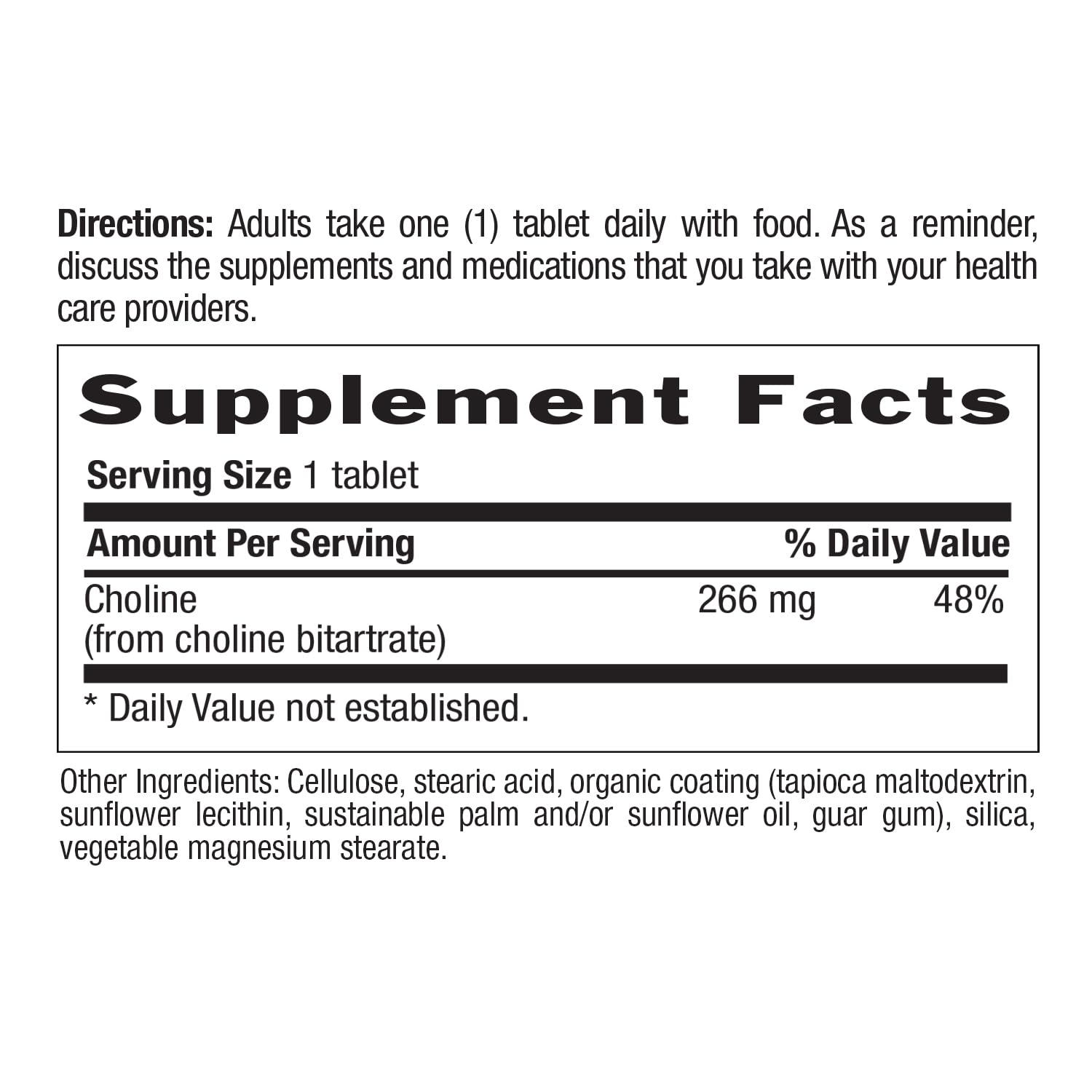 Country Life Choline 266mg - Gluten Free, Vegan, Halal - 100 Tablets