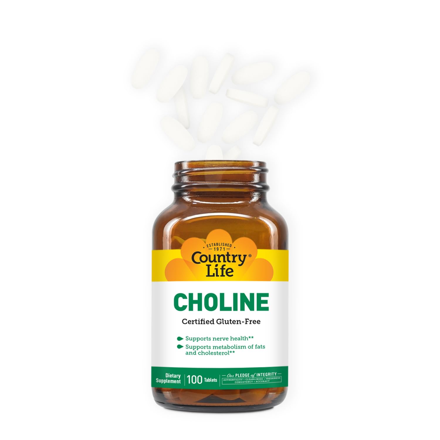 Country Life Choline 266mg - Gluten Free, Vegan, Halal - 100 Tablets