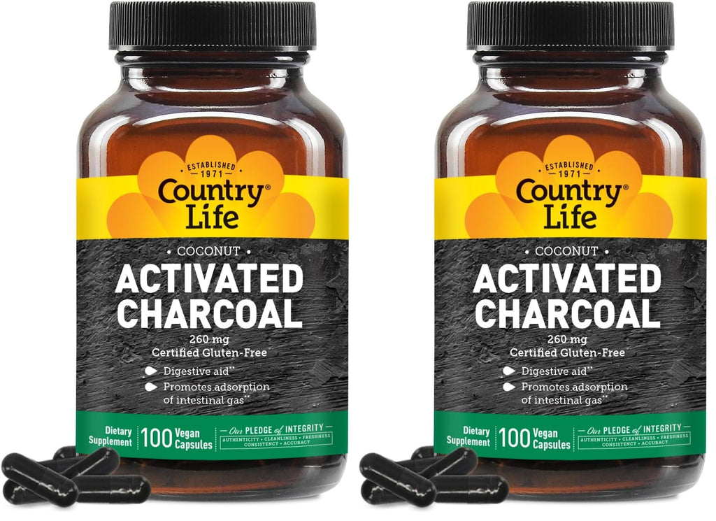 Country Life Coconut Activated Charcoal 260mg – Gas & Bloating Relief, Gluten-Free & Vegan