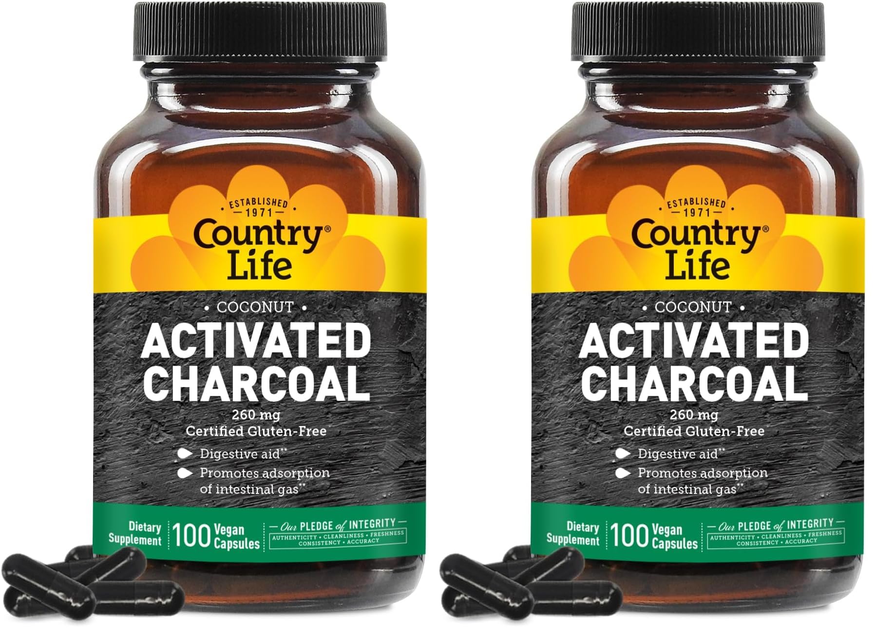 Country Life Coconut Activated Charcoal 260mg – Gas & Bloating Relief, Gluten-Free & Vegan