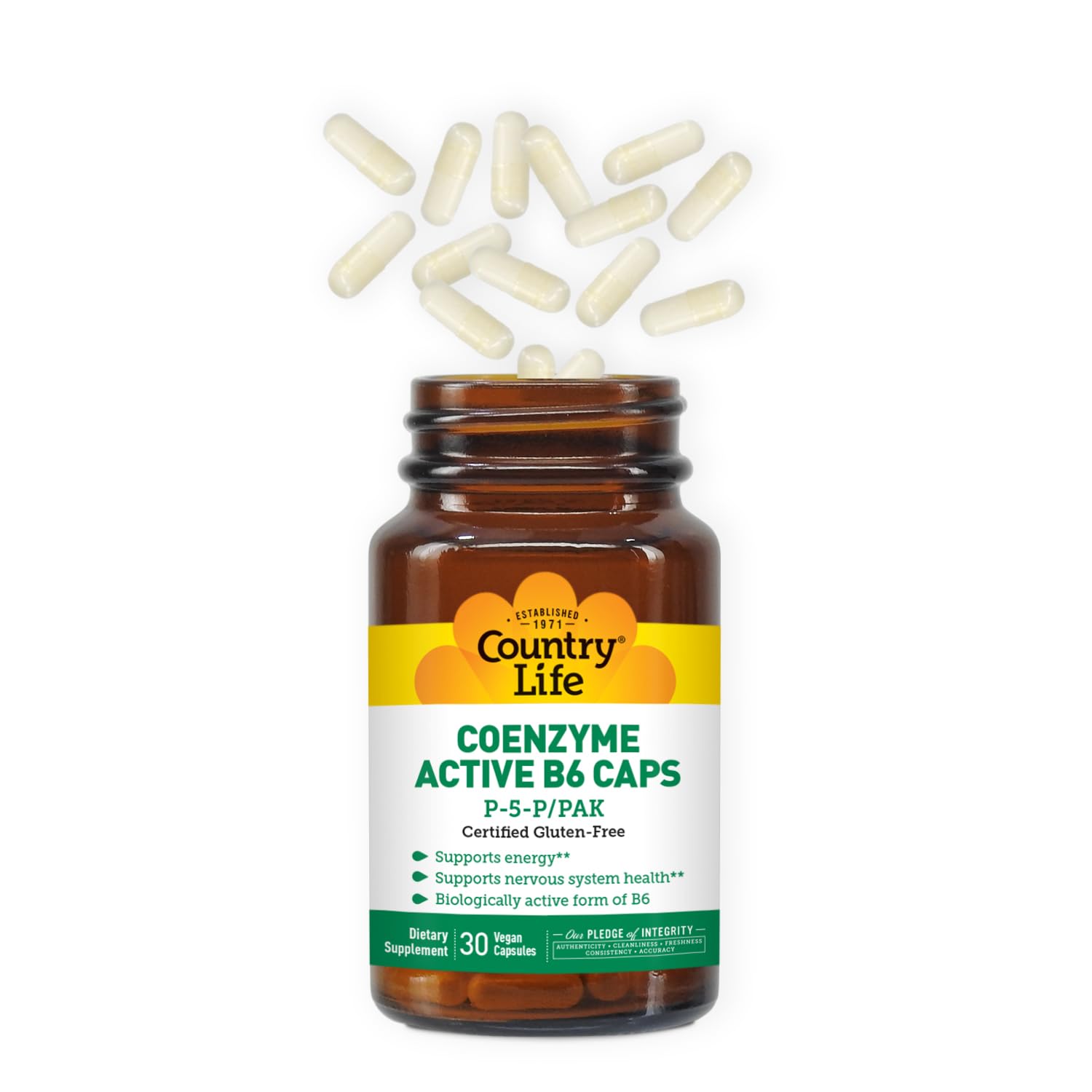 Country Life Coenzyme Active B-6, 50mg Vitamin B6-30 Vegetarian Capsules - Supports Energy, Nervous & Immune Systems - 25mg P-5-P Vitamin B6 - Certified Gluten Free, Vegan - No Artificial Additives