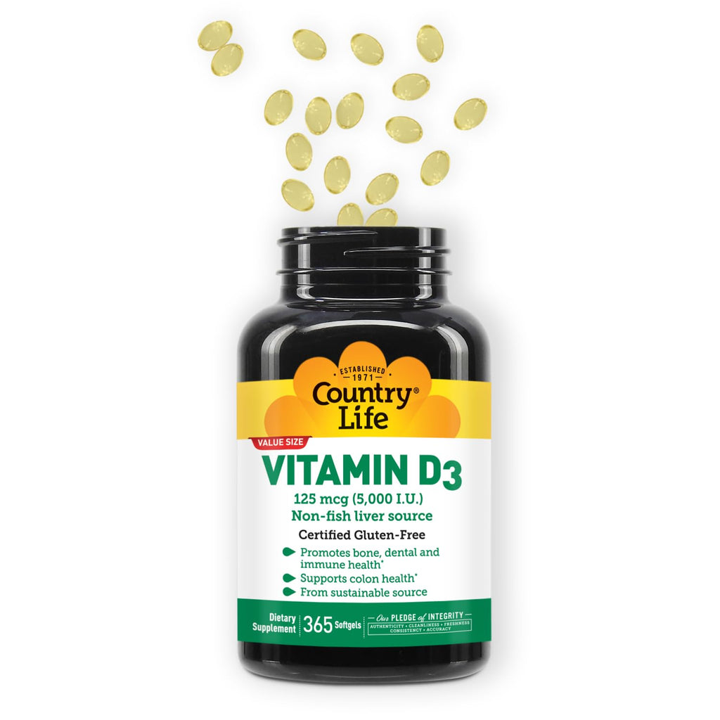 Country Life Vitamin D3 5000 IU – High Potency, Non-Fish, Gluten-Free