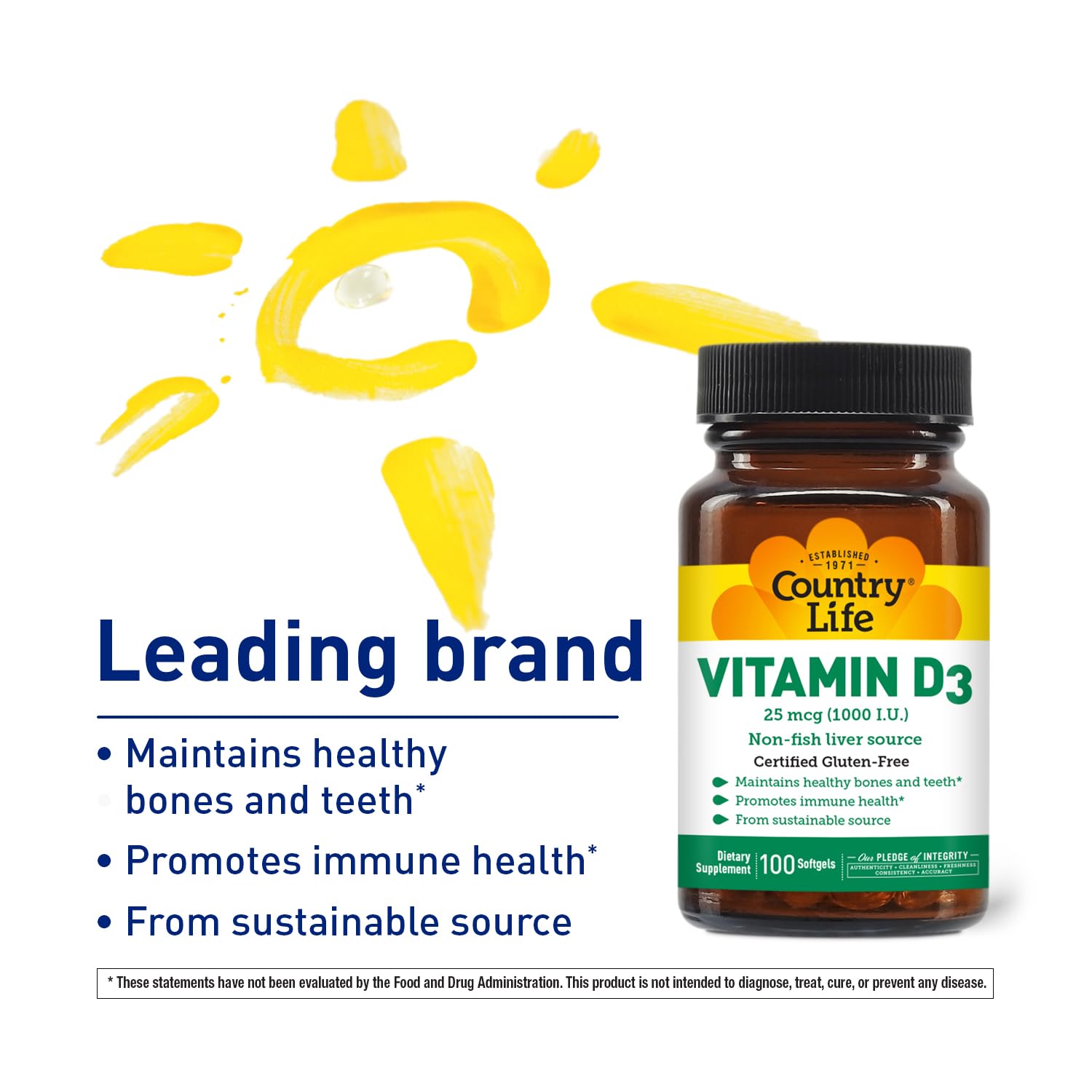 Country Life Vitamin D3 1000 IU Non-Fish Softgels – Gluten Free (Pack of 2)