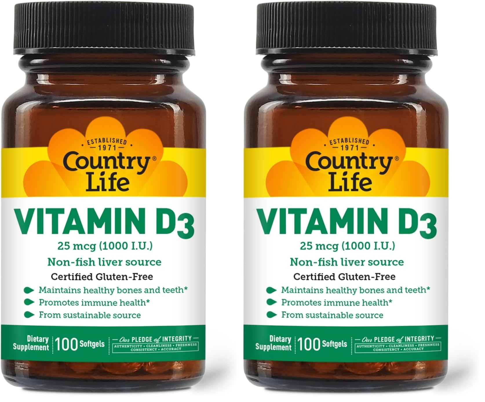 Country Life Vitamin D3 1000 IU Non-Fish Softgels – Gluten Free (Pack of 2)