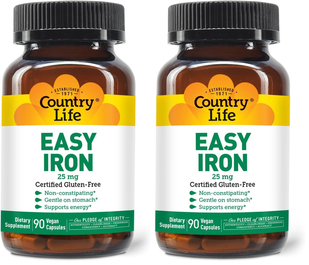 Country Life Easy Iron 25mg Capsules – Ferrochel Non-Constipating Vegan Iron Supplement (Pack of 2)