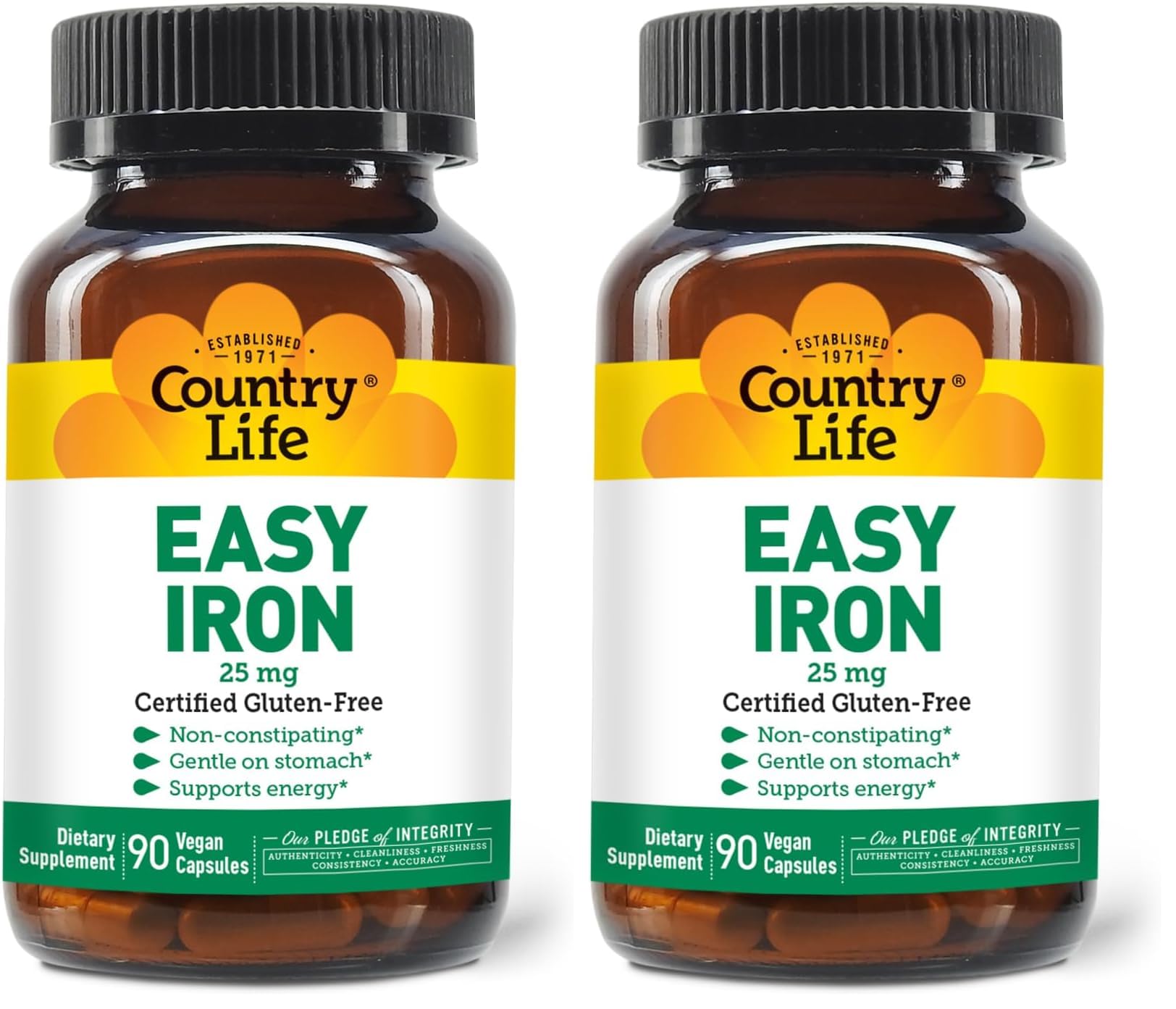 Country Life Easy Iron 25mg Capsules – Ferrochel Non-Constipating Vegan Iron Supplement (Pack of 2)