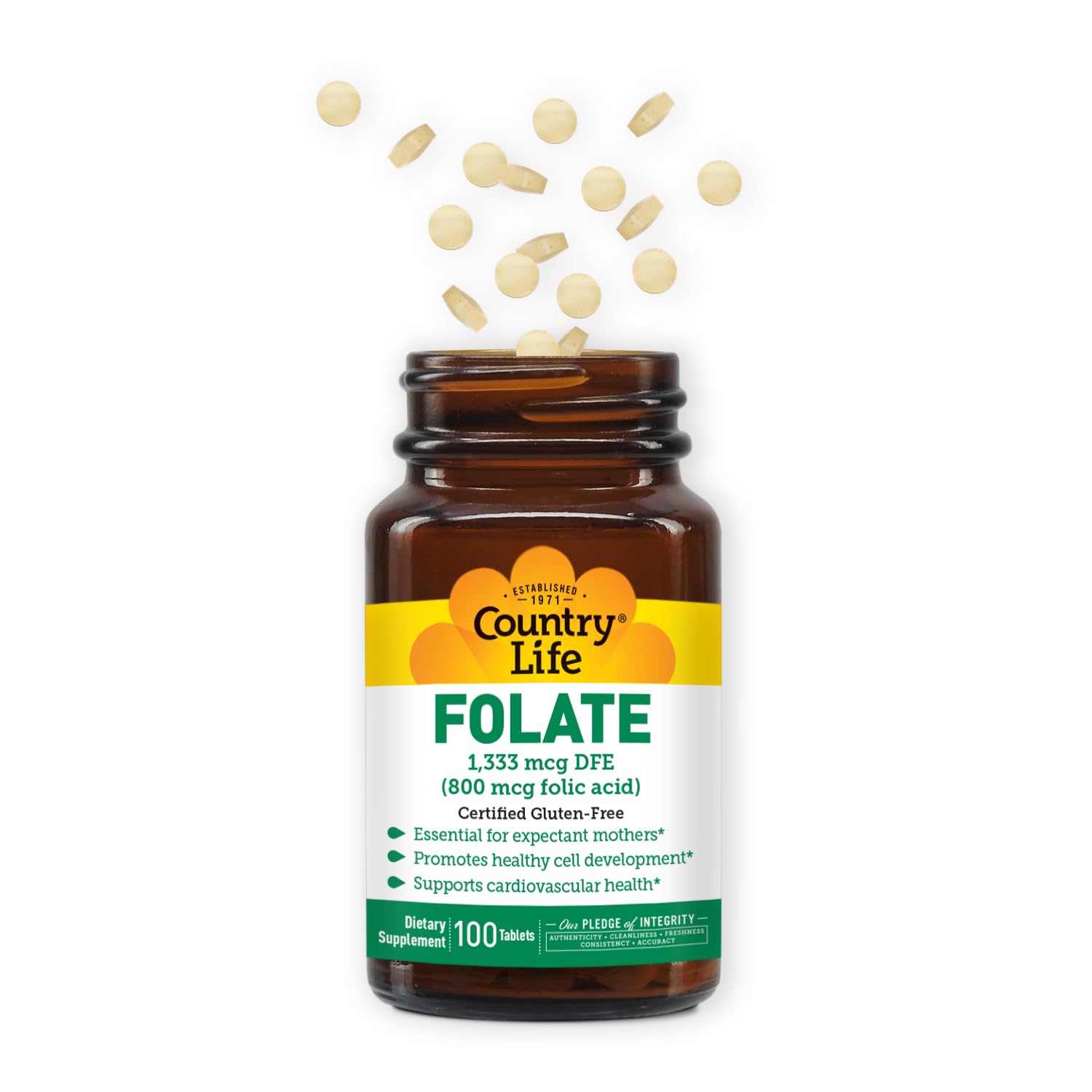Country Life Folate 800 mcg Folic Acid – Prenatal Support, 100 Tabs, Gluten-Free