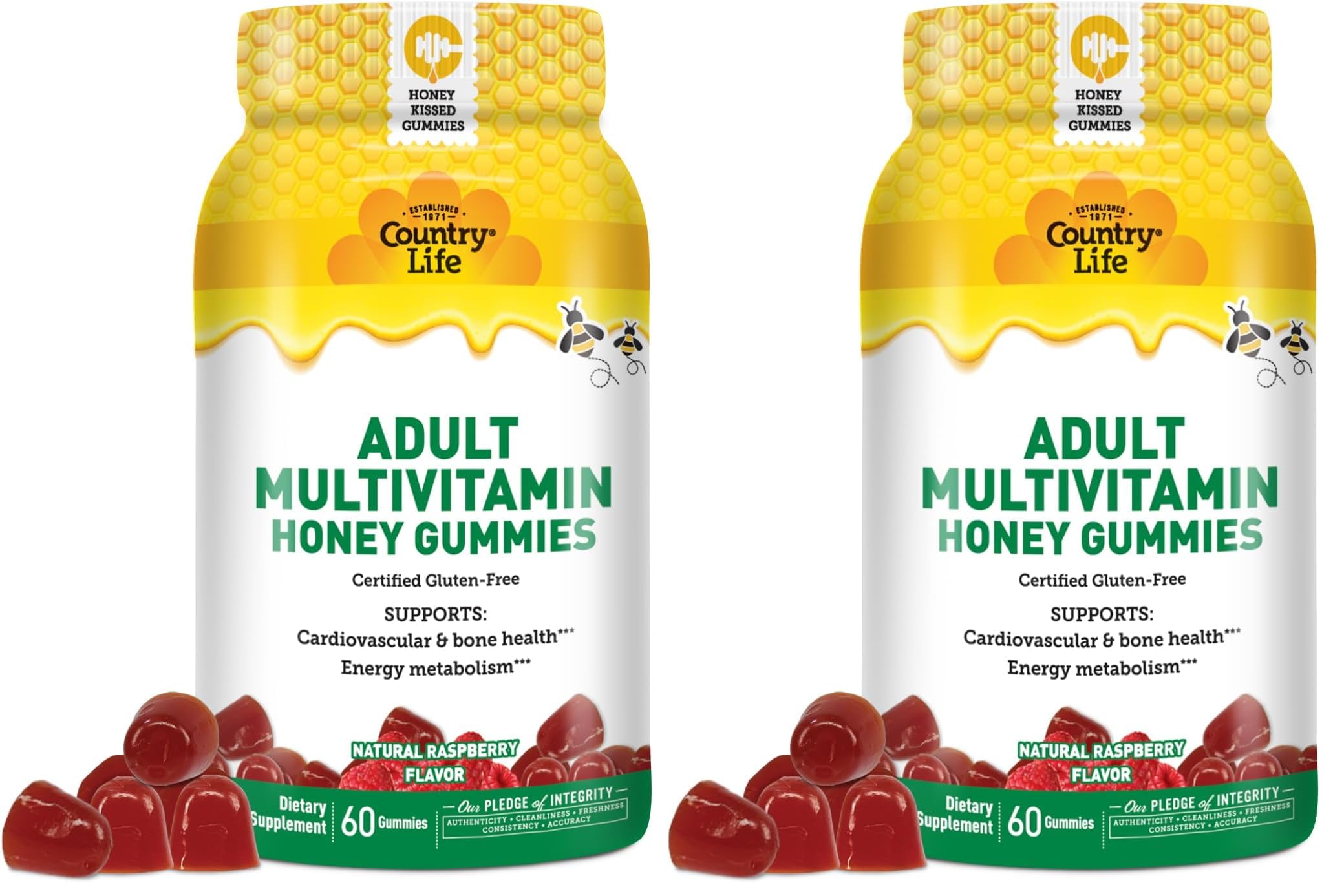 Country Life Honey Gummies Multivitamin – Bone & Heart Support | Non-GMO, Gluten Free, Vegetarian | 60 Gummies (Pack of 2)