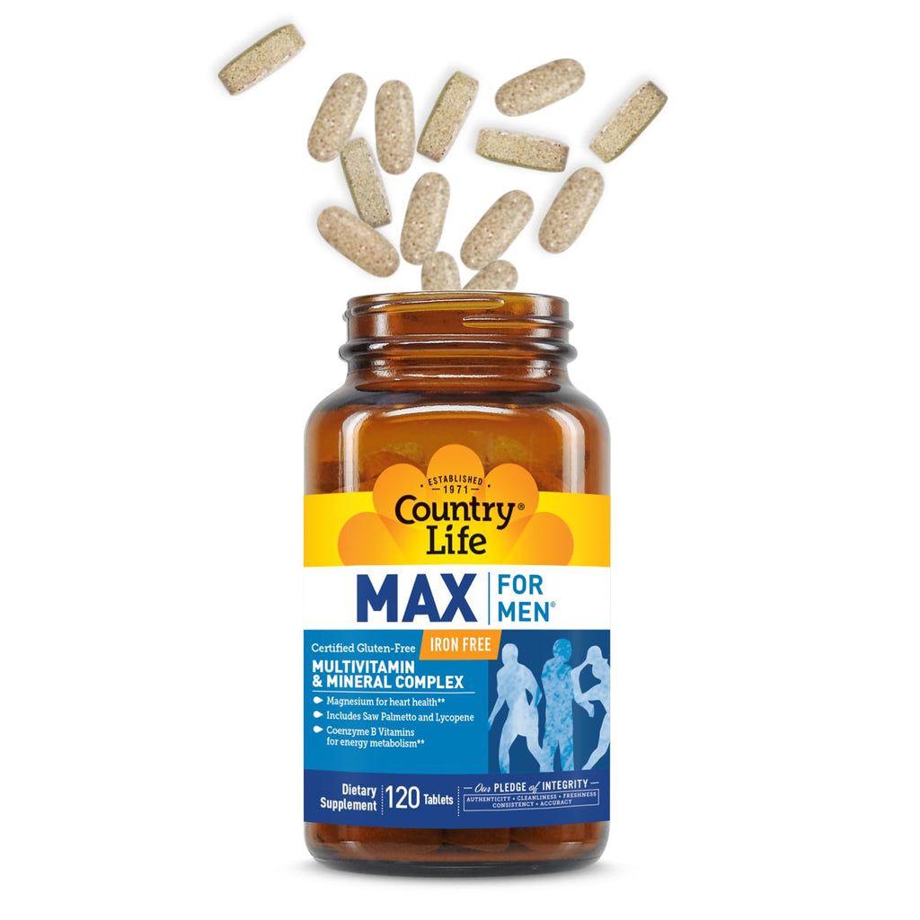Country Life Max for Men Multivitamin – Iron-Free, Gluten-Free, Saw Palmetto & Lycopene | 120 Vegetarian Tablets