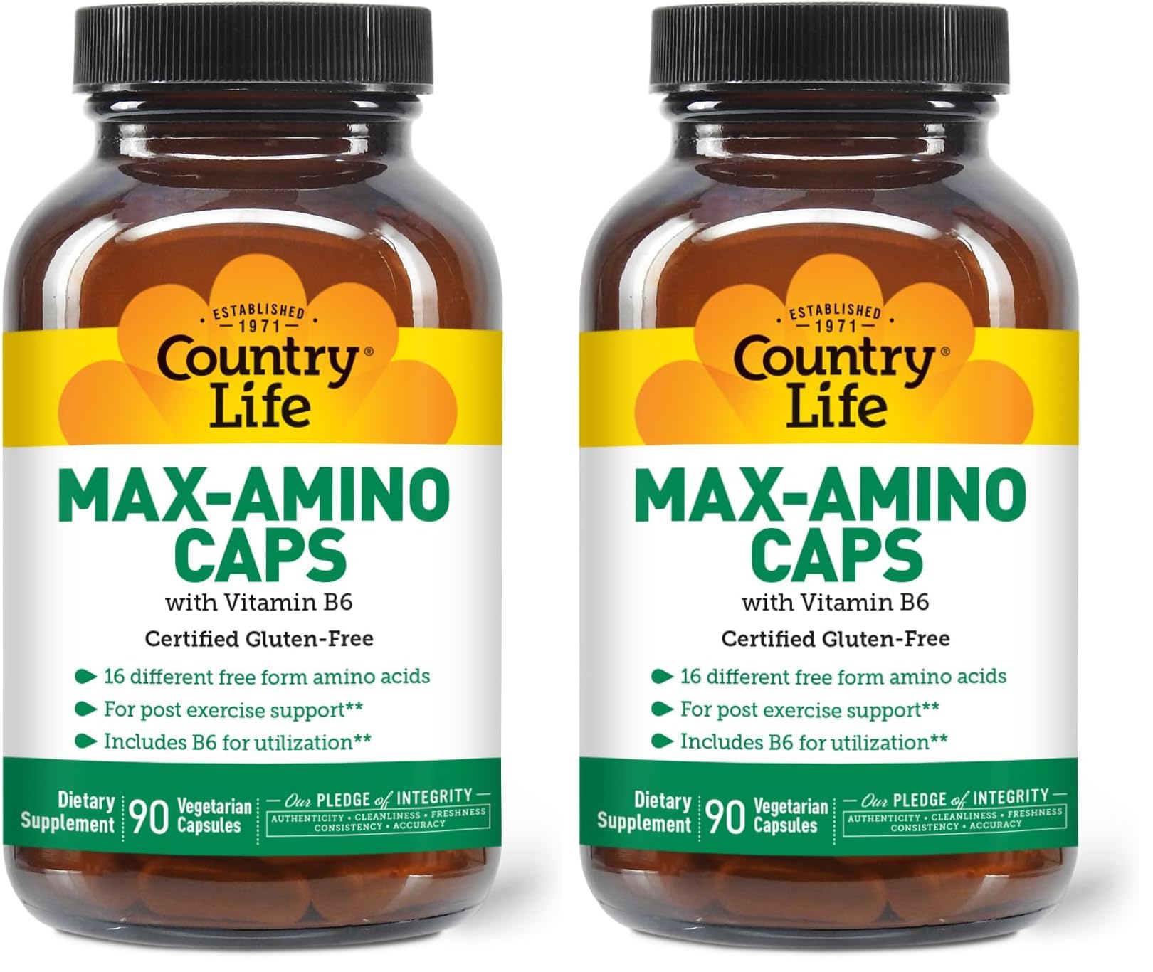 Country Life Maxi-Amino: 16 Free-Form Amino Acids, 90 Veg Capsules per Bottle, Pack of 2 | Gluten Free & Vegetarian