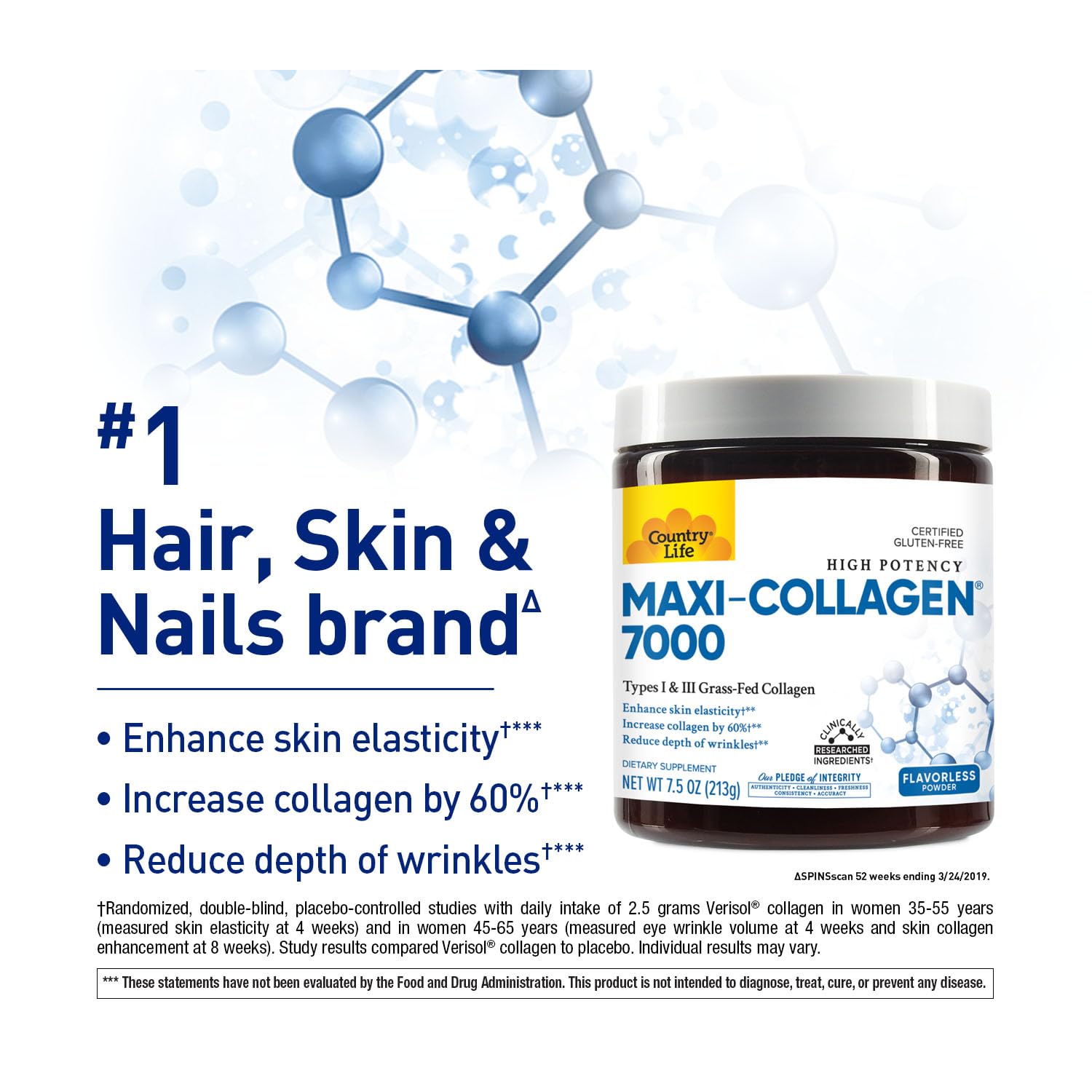 Country Life Maxi-Collagen 7000 Powder - Verisol Collagen Peptides + Vitamins C, A & Biotin | 7.5 oz