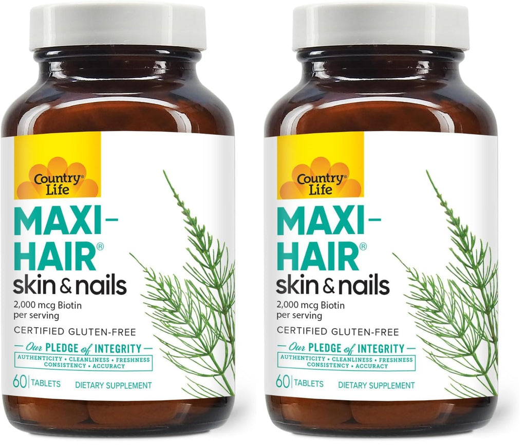 Country Life Maxi-Hair Supplement – 2000mcg Biotin, Hair, Skin & Nails – Gluten-Free & Vegetarian – Pack of 2