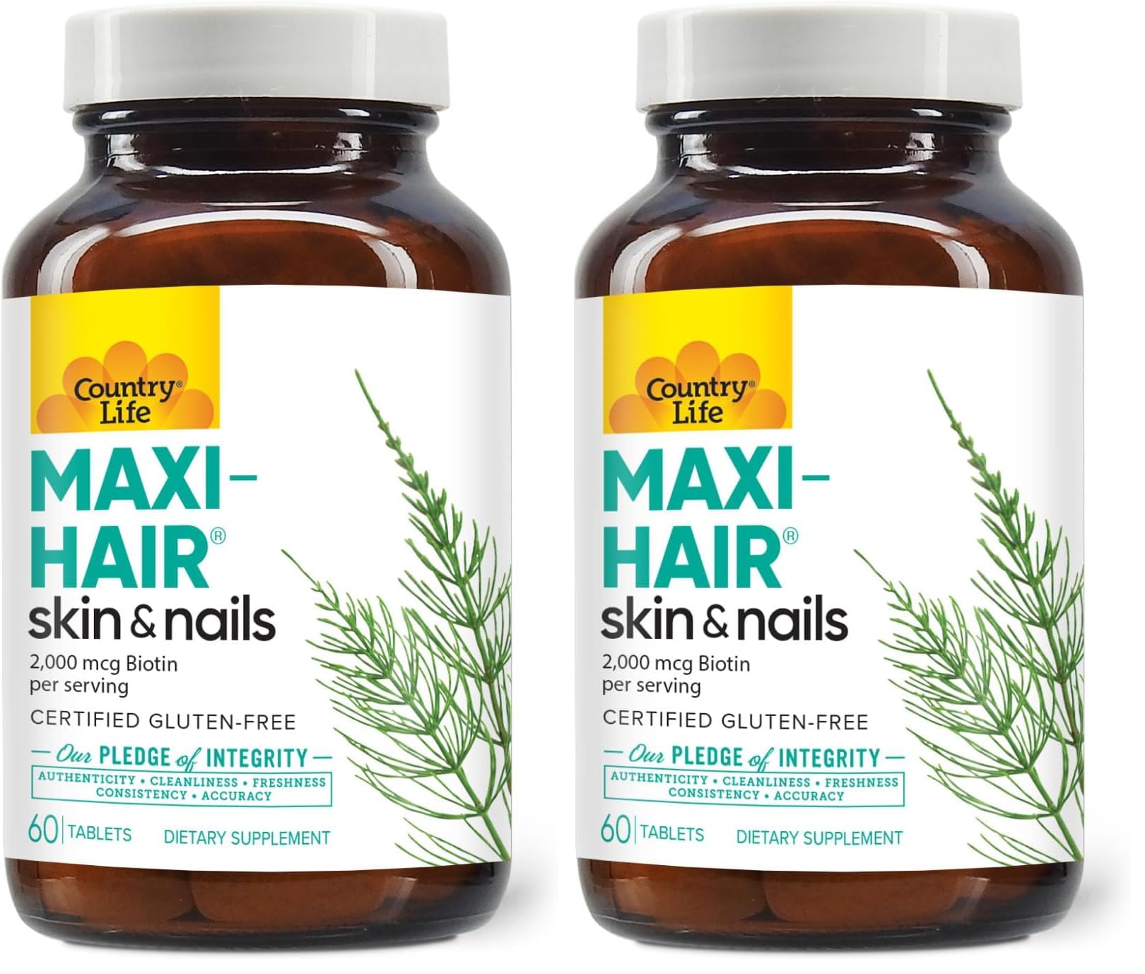 Country Life Maxi-Hair Supplement – 2000mcg Biotin, Hair, Skin & Nails – Gluten-Free & Vegetarian – Pack of 2