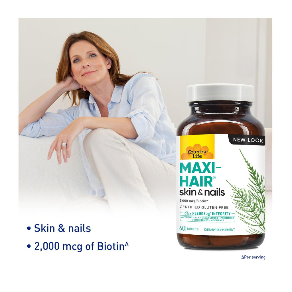 Country Life Maxi-Hair Supplement – 2000mcg Biotin, Hair, Skin & Nails – Gluten-Free & Vegetarian – Pack of 2