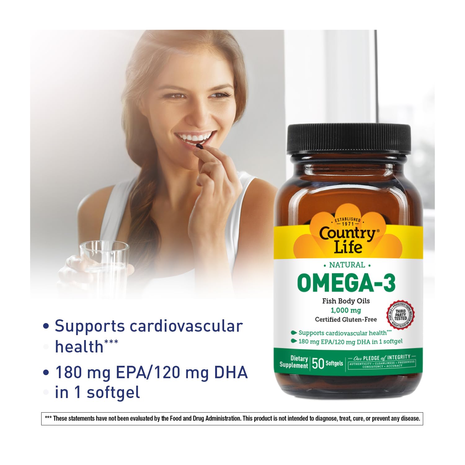 Country Life Omega-3 Fish Oil Supplement – 10000mg, 180mg EPA / 120mg DHA, Burpless, 50 Softgels, Gluten Free
