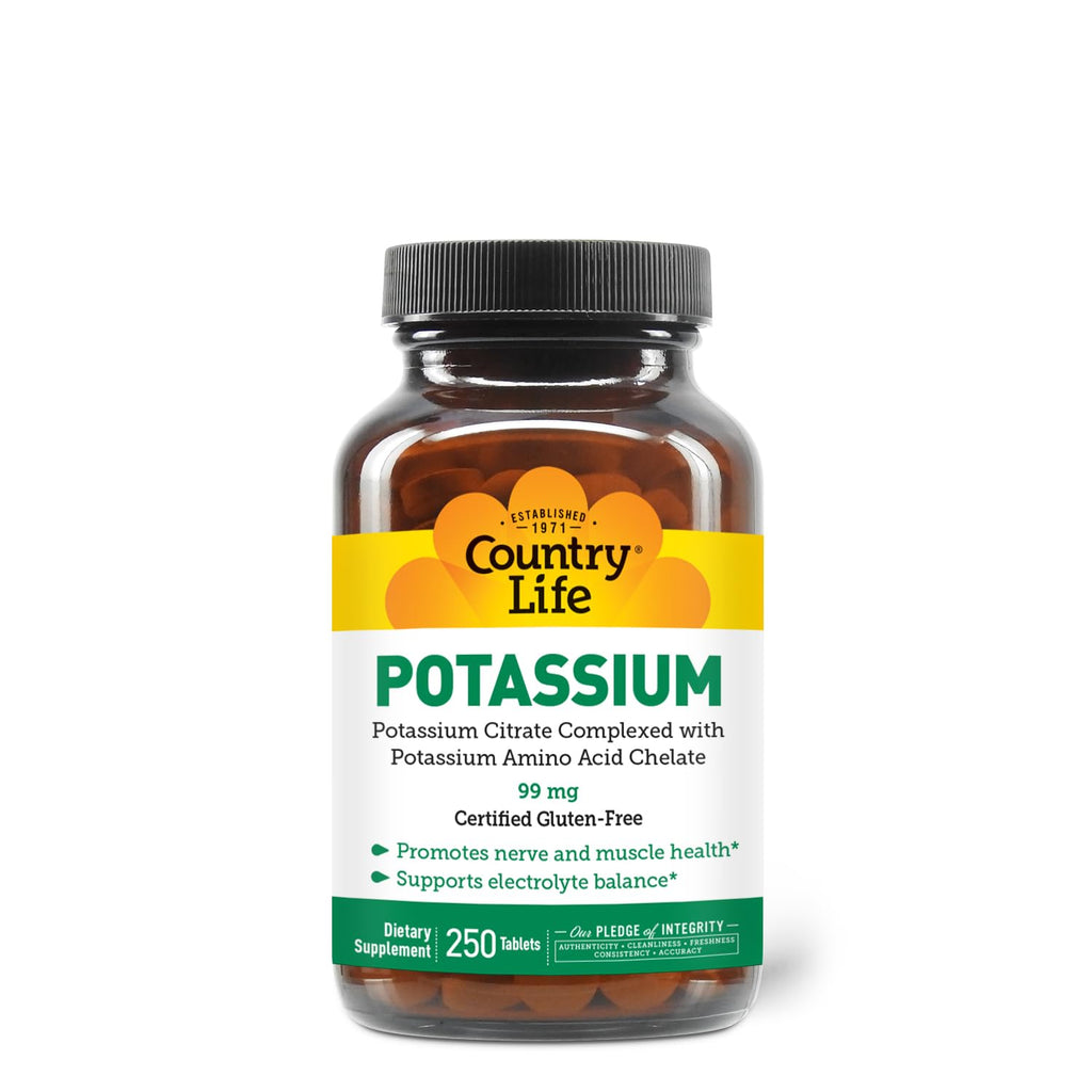 Country Life Potassium 99 mg Chelated Tablets - 250 Count | Gluten Free, Vegan, Kosher