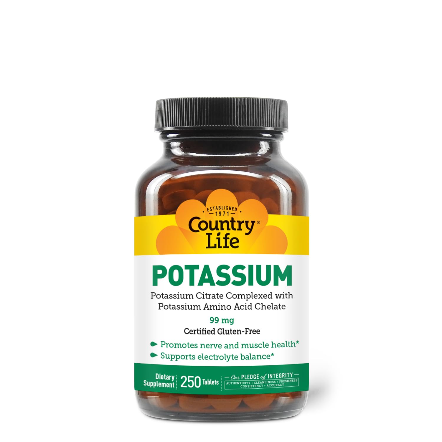 Country Life Potassium 99 mg Chelated Tablets - 250 Count | Gluten Free, Vegan, Kosher