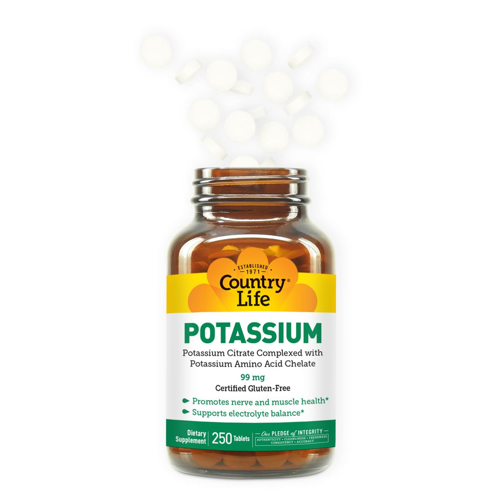 Country Life Potassium 99 mg Chelated Tablets - 250 Count | Gluten Free, Vegan, Kosher