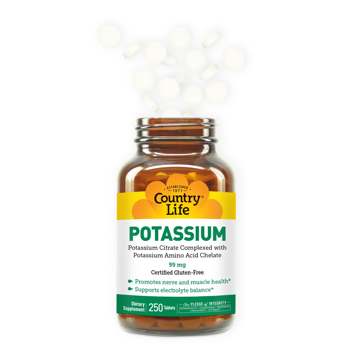 Country Life Potassium 99 mg Chelated Tablets - 250 Count | Gluten Free, Vegan, Kosher