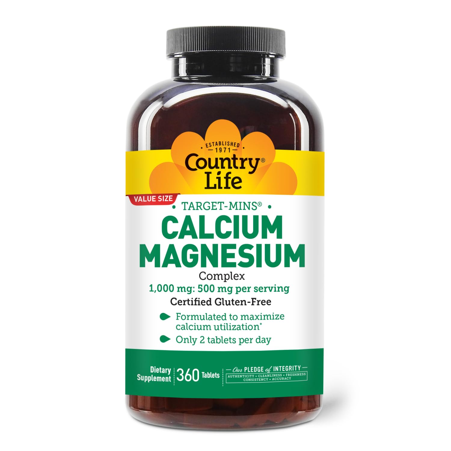 Country Life Target-Mins Calcium Magnesium – 1000mg Ca / 500mg Mg, 2:1, Gluten Free