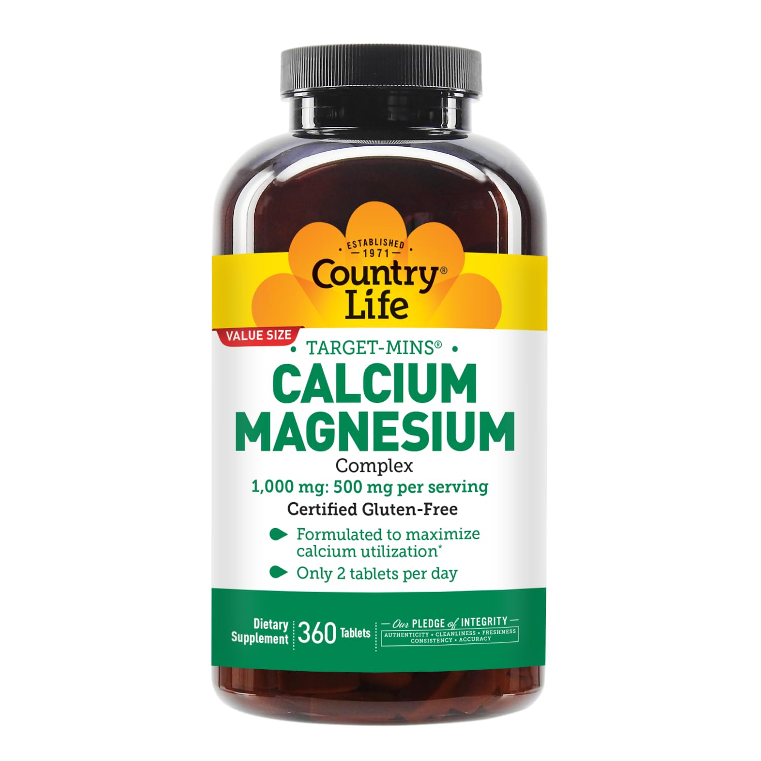 Country Life Target-Mins Calcium Magnesium – 1000mg Ca / 500mg Mg, 2:1, Gluten Free