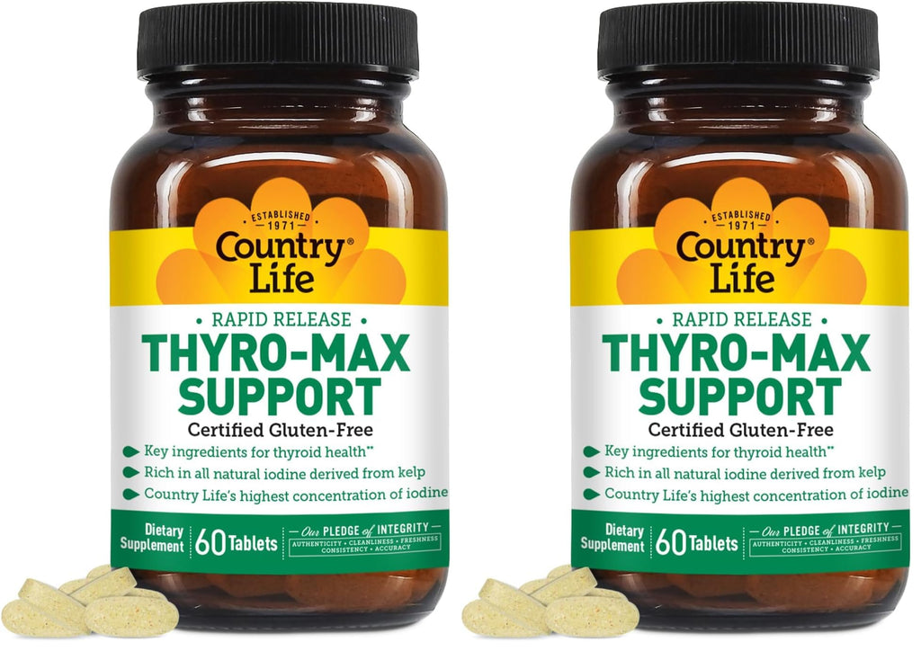 Country Life Thyro-Max Support - Kelp-Derived Iodine & L-Tyrosine Thyroid Supplement for Men and Women - B Vitamins, Gluten-Free, Vegan, Kosher - 60 Capsules (Pack of 2)