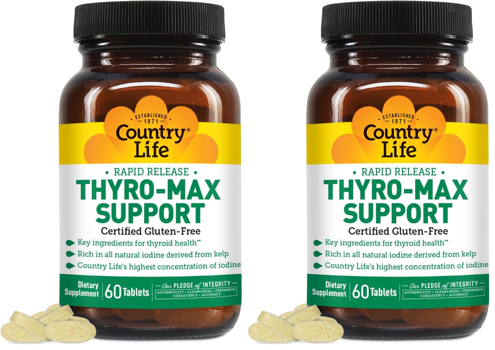 Country Life Thyro-Max Support - Kelp-Derived Iodine & L-Tyrosine Thyroid Supplement for Men and Women - B Vitamins, Gluten-Free, Vegan, Kosher - 60 Capsules (Pack of 2)
