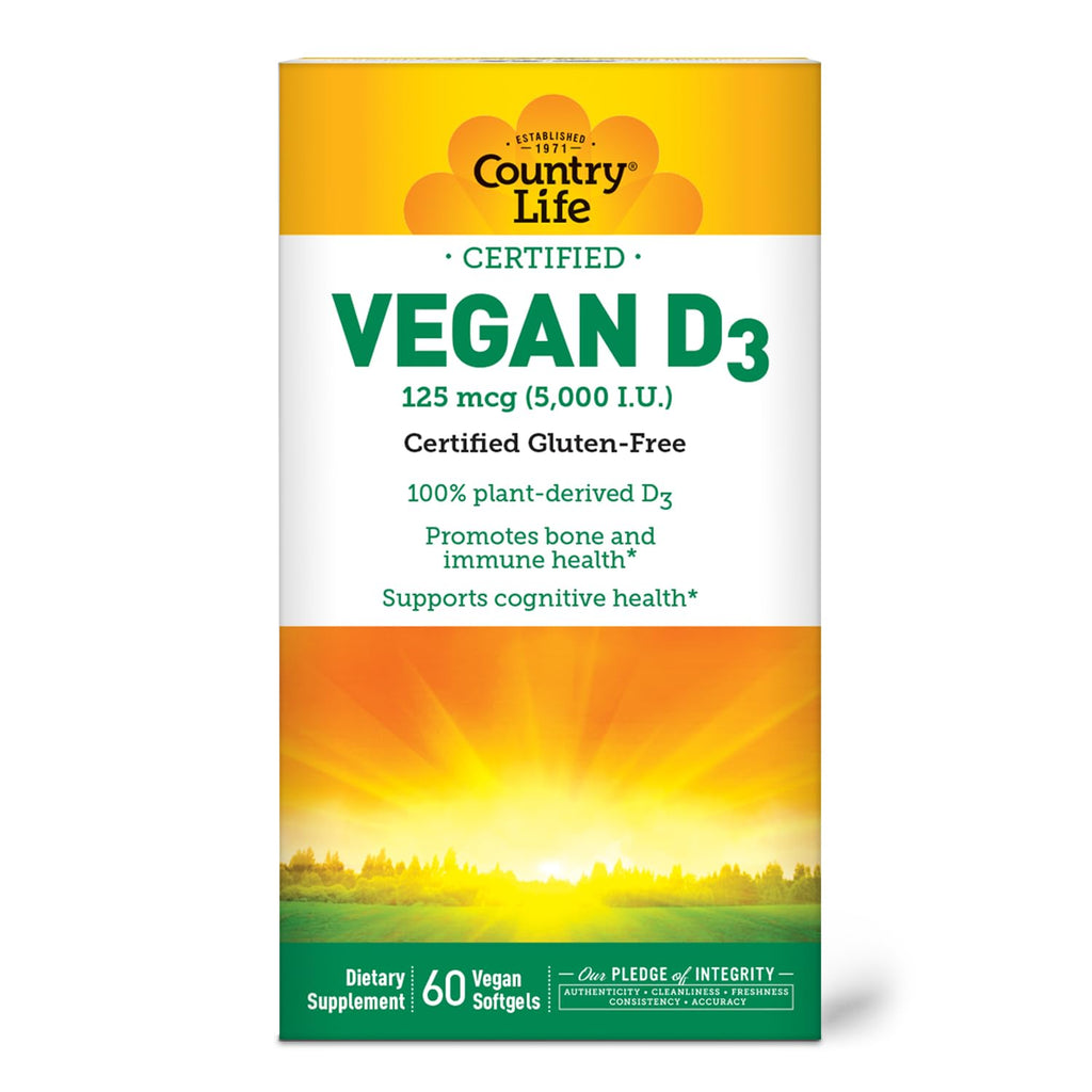 Country Life Vegan D3 5000 IU - Plant-Derived Vitamin D3 from Lichen - 60 Softgels