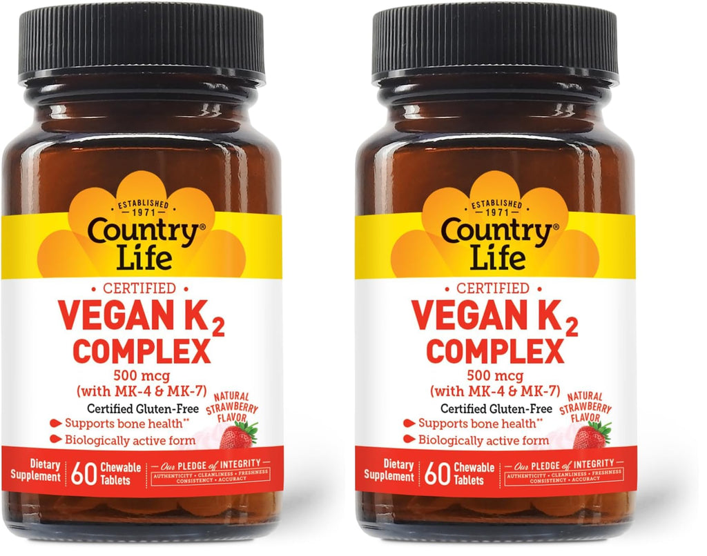 Country Life Vegan K2-500 mcg Chewables, Strawberry - Gluten Free & Vegan (Pack of 2) Bone Health