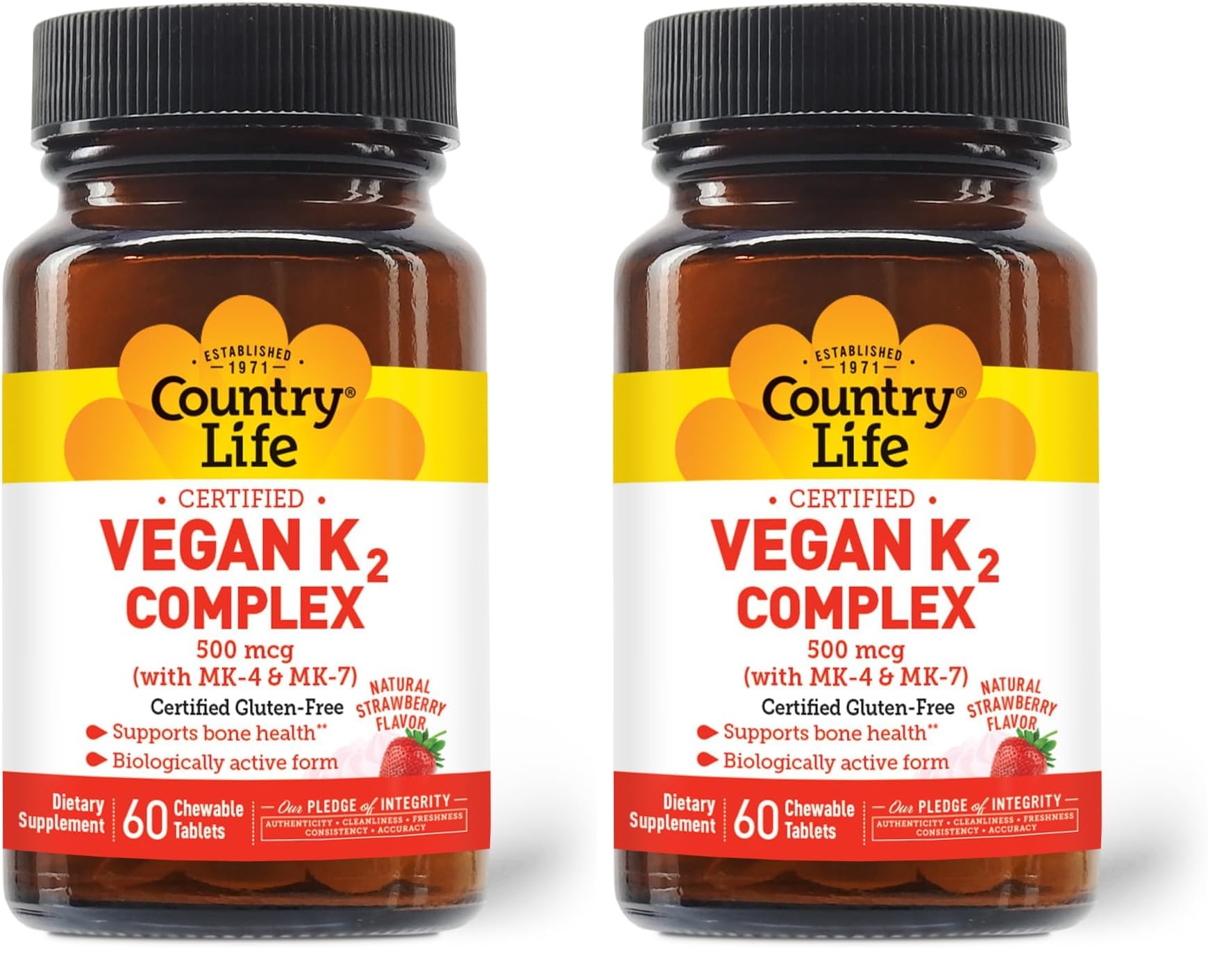 Country Life Vegan K2-500 mcg Chewables, Strawberry - Gluten Free & Vegan (Pack of 2) Bone Health