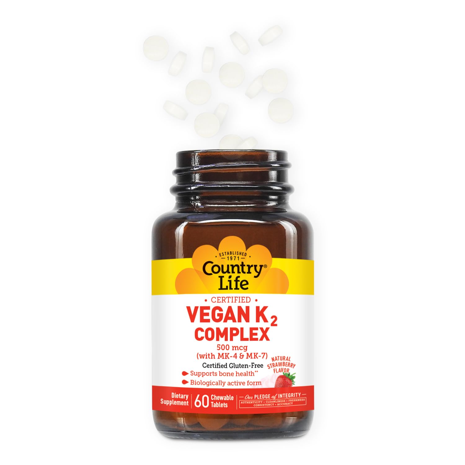 Country Life Vegan K2-500 mcg Chewables, Strawberry - Gluten Free & Vegan (Pack of 2) Bone Health