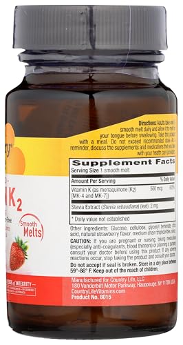Country Life Vegan Vitamin K2 500 mcg - MK-4 & MK-7, 60 Chewables, Strawberry Flavor
